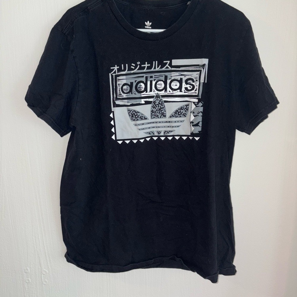 Adidas Originals Graphic T-Shirt Japanese Print Logo Black Tee Size S